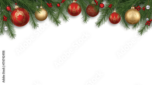 Festive Holiday Frame with Decorative Ornaments and Fir Tree Branches on White Background