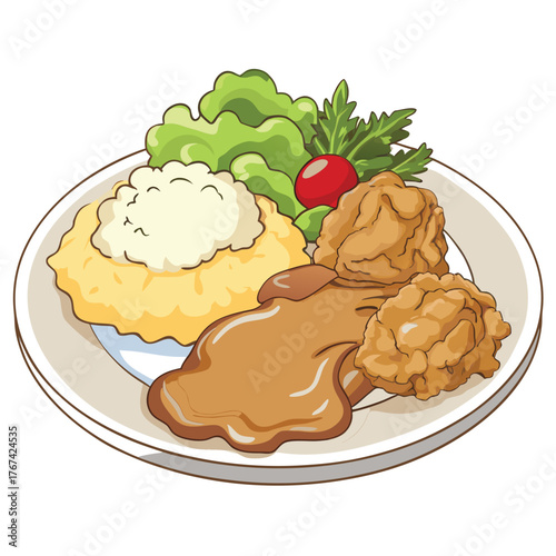 Plate of Fried Chicken Mashed Potatoes and Gravy dinner plate
