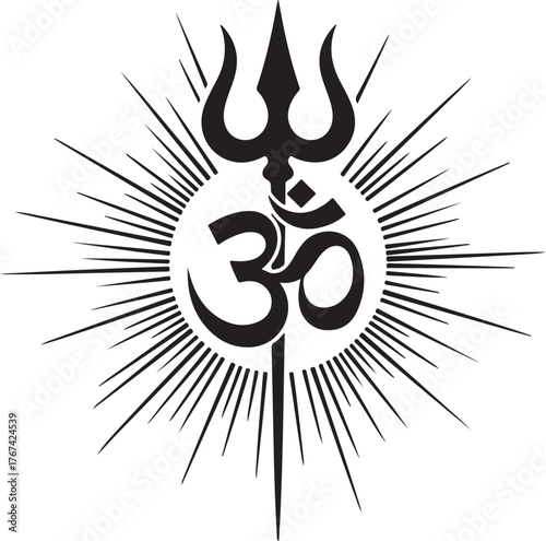 Tableau sur toile Om Symbol with Trishula and Sunburst  Hindu God Shiva Trident Vector