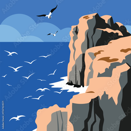 Coastal Cliff Face with Seagulls and Ocean water