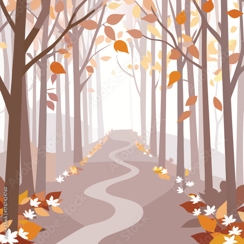 Autumn Forest Path With Falling Leaves trees