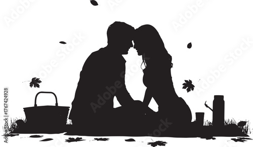 Couple Silhouette Picnic Outdoor Autumn Leaves Fall Season Together Intimacy Leisure