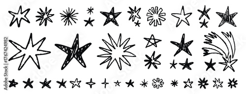 Set stars and meteorite doodle style drawn by hand. Grunge scrawls, charcoal scribbles, rough brush strokes, underline. Bold charcoal freehand stars. Crayon or marker scribbles, hand drawn. Suitable.
