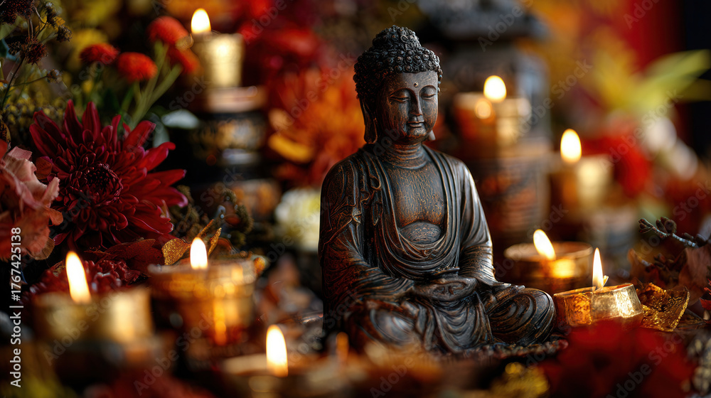 Fototapeta premium Buddha statue surrounded by flowers and candles in a serene meditation setup during autumn