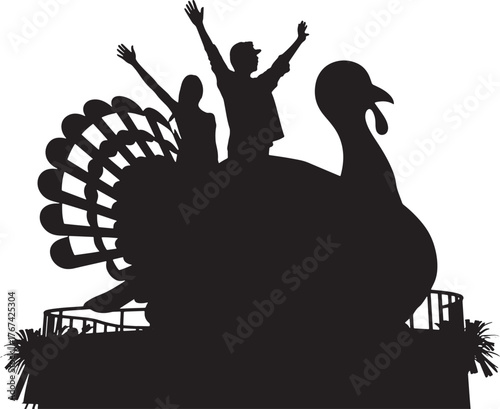 Turkey Float Silhouette with People Celebrating Harvest Festival Vector Illustration