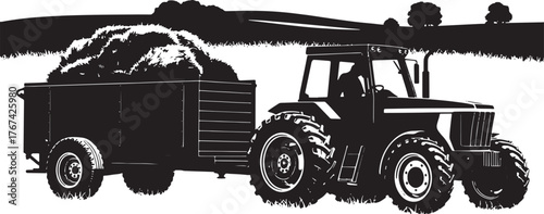 Black And White Hay Wagon Tractor Farmer Field Rural Agriculture Vector Illustration