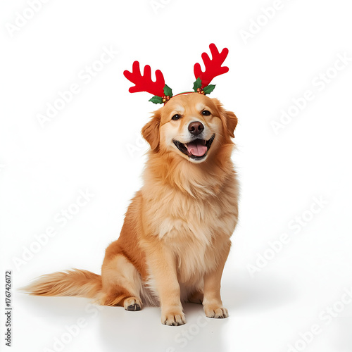 Adorable Golden Retriever Dog Wearing Red Reindeer Antlers with Bells Isolated on White Background 
