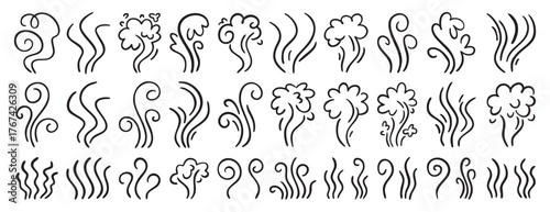 Hand drawn aroma vapor icons Smell line icon set hot aroma, cooking steam, smoke, odor and vapor doodles