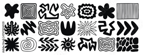 A set of doodle organic elements, leaves, hand drawn smooth lines, flowers, abstract shapes natural motifs, the sun, stones collection