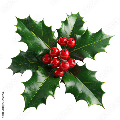A sprig of glossy green holly leaves with bright red berries, set against black