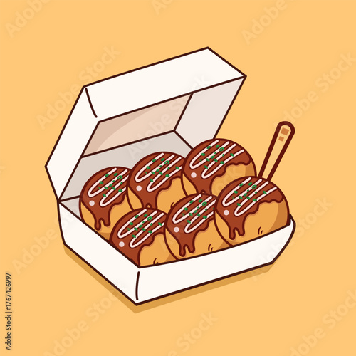 Takoyaki in a white paper box with six golden-brown balls, drizzled with savory sauce and mayonnaise, topped with green onions on a warm pastel orange background