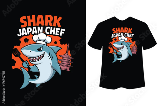 Cartoon shark wearing chef hat holding spatula with Japanese pagoda