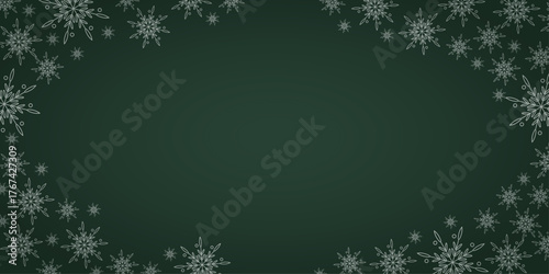 Christmas background with a subtle border of white snowflakes on a solid dark green center. Perfect for text overlays, winter promotions, and minimalist holiday projects.