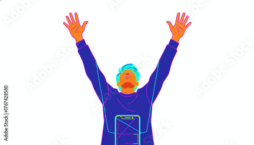 Neon illustration of user celebrating successful mobile app integration and digital victory experience