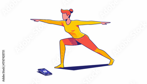 Empowered Woman Performing Warrior II Pose Guided by Digital Fitness App, Promoting Home Workout and Mental Wellness