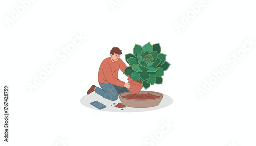 Nurturing Growth: Man Repotting a Large Succulent Plant as a Mindful Domestic Hobby