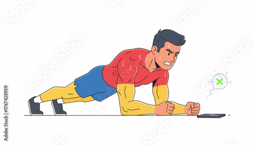 Intense Core Challenge: Man straining to hold a plank while tracking fitness goals on a digital device