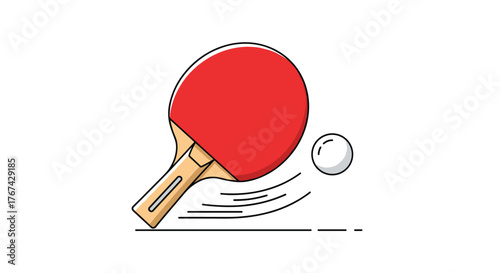 Close up of a red table tennis paddle hitting a white ball with motion lines.