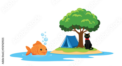 A cute goldfish swims in the water near a small island with a tent and a black cat sitting under a tree.