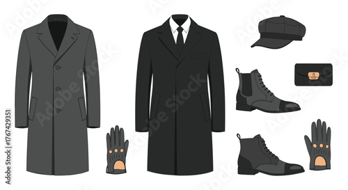Collection of men's formal winter clothing and accessories for a stylish look.