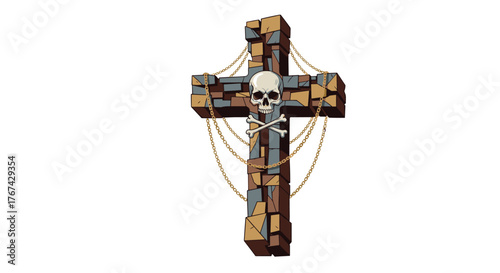 Stone cross adorned with skull, crossbones and gold chains against a white background.
