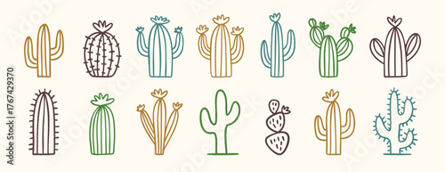 Collection of doodle wild west cactus icons in minimal desert style, hand drawn cacti