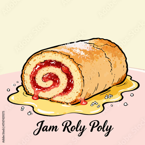 A delightful Jam Roly Poly dessert with a swirl of sweet jam and powdered sugar, drizzled with golden syrup