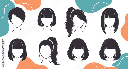 Collection of eight different black hairstyles illustrated on white backgrounds with abstract shapes.