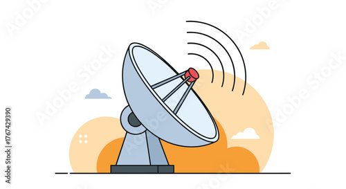 A stylized illustration of a satellite dish transmitting signals against a backdrop of abstract orange clouds and white sky.