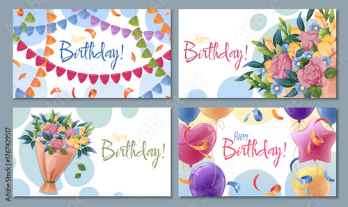 Elegant Birthday Banners Set with Floral Bouquet of Roses, Freesia and Daisies, Bunting Garlands, Balloons and Confetti. Perfect for Romantic Party Posters, Wedding Anniversaries, Spring Celebrations