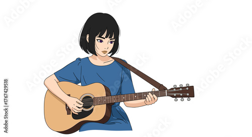 Young woman with short black hair playing an acoustic guitar wearing a blue dress, in a studio setting.