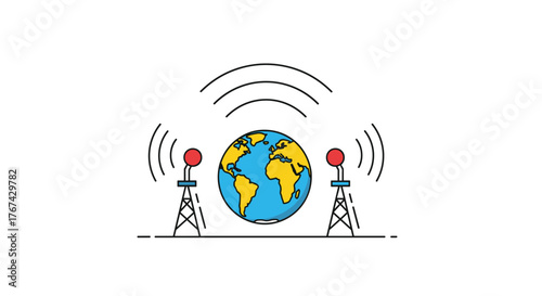 Communication towers sending signals to and from the planet Earth with radio waves.