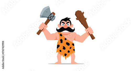 A cartoon caveman with a large mustache holds an axe and a club in a fighting stance.