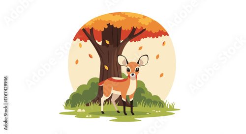 A cute cartoon deer stands under an autumn tree with falling leaves.