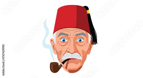 Illustration of an elderly man wearing a red fez hat and smoking a pipe with smoke coming out.