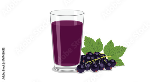 Glass of dark purple blackcurrant juice with fresh berries and leaves on a white background.