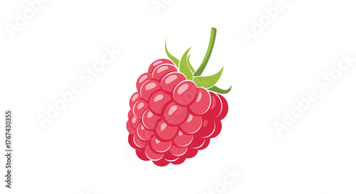 A single ripe red raspberry with green leaves and stem on a white background.