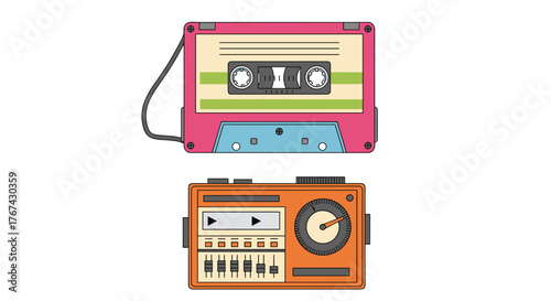 Retro cassette tape and portable music player with equalizer controls.