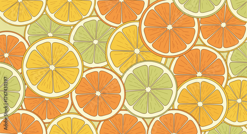 Seamless pattern of colorful citrus fruit slices in a vintage style background.