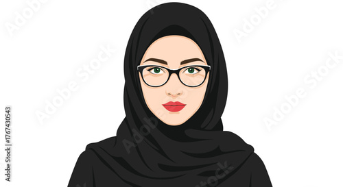 A young Muslim woman wearing glasses and a black hijab looks forward.