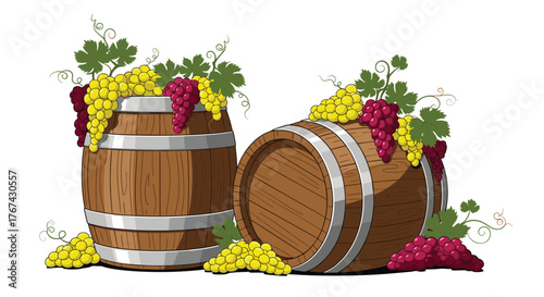 Two wooden wine barrels adorned with bunches of yellow and red grapes and grape leaves.
