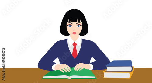 A woman in a school uniform with a red tie sits at a desk with an open book and stacks of books.