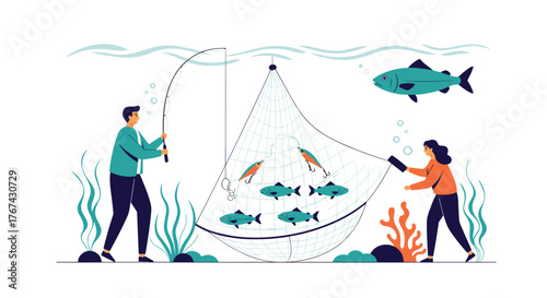 Two people fishing with a net and a rod in a stylized underwater scene with fish.