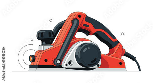 An illustration of a red and black electric power planer with a rotating blade and depth adjustment knob.