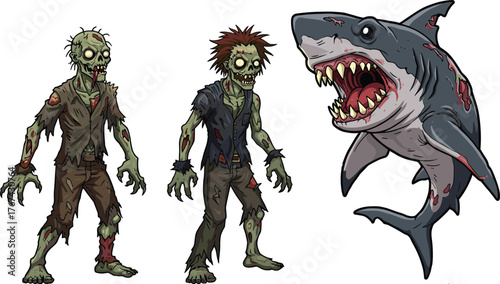 PrintScary zombie characters with zombie shark, horror creatures illustration, undead monsters and shark attack art, Halloween creepy design for games and media