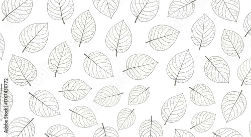 A repeating pattern of delicate line-drawn leaves on a white background.