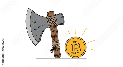 Ancient axe and a shining bitcoin coin symbolize the revolutionary potential of cryptocurrency.