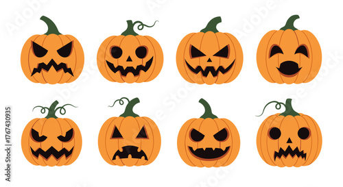 Set of eight carved Halloween pumpkins with different scary faces.