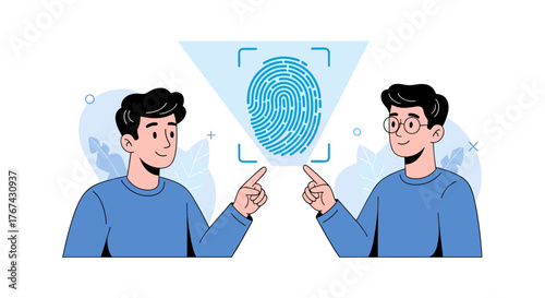 Two men pointing at a fingerprint scan for identification.