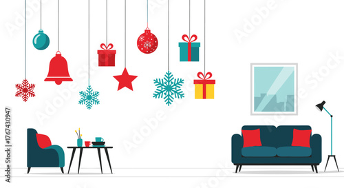 Cozy Living Room Decorated for Christmas Holidays.